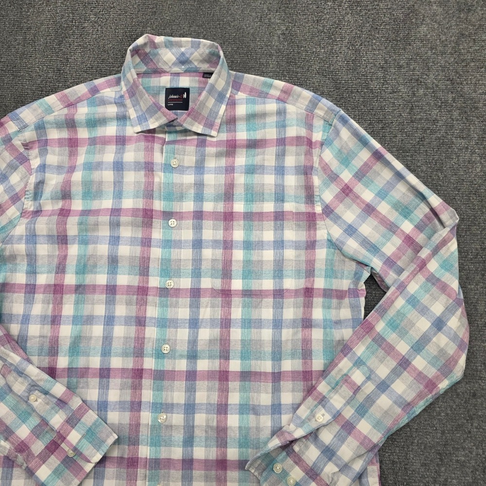 Johnnie-O Performance Mens Large Plaid Button Down Shirt Purple Blue White